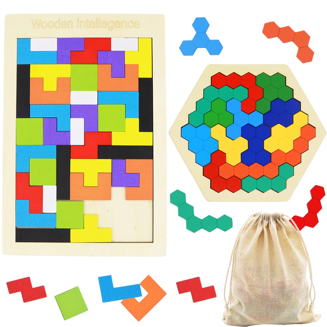 2-Pack Wooden Russian & Hexagon Block Puzzles – STEM Brain Teaser Logic Games for Kids & Adults, Educational Intelligence Toy Gift