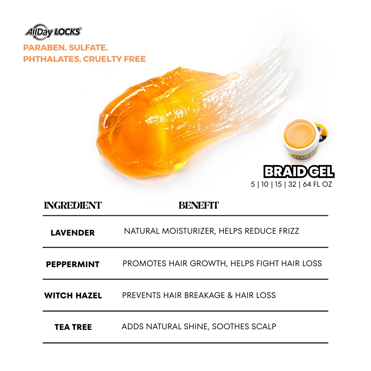 AllDay Locks Braid Gel 5 oz | Extreme Hold & High Shine | Frizz-Free, Flake-Free Edge Control | Tea Tree, Lavender & Peppermint Oils | For Braids, Twists & Cornrows