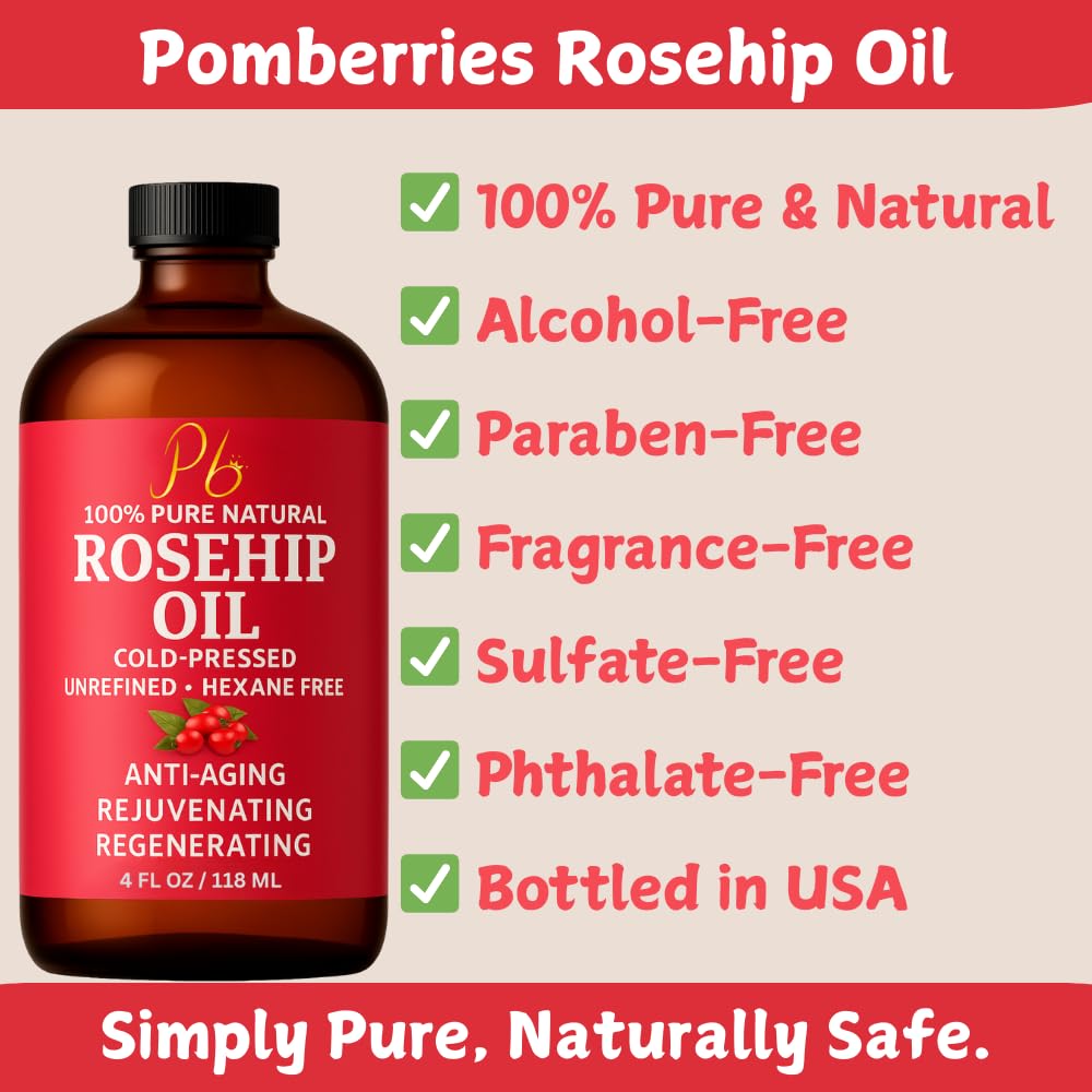 Pomberries Rosehip Oil – Cold-Pressed & Unrefined, Face, Skin & Hair Oil for Scars, Wrinkles, Stretch Marks, Daily Hydration & Massage, 4 fl oz
