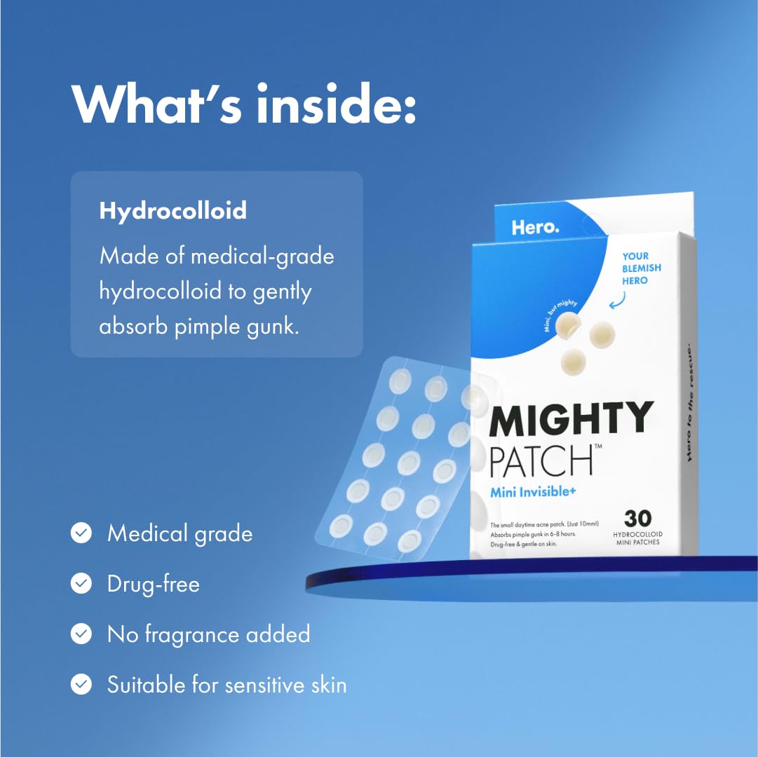 Mighty Patch Mini Invisible+ X-Small Hydrocolloid Acne Pimple Patches, Covers Zits & Blemishes, Blends Into Skin, 30 Count (10mm)