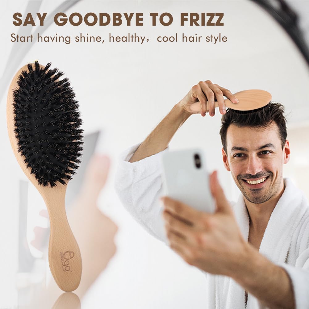 BLACK EGG Boar Bristle Hair Brush Set – Soft Natural Bristles for Thin & Fine Hair, Restores Shine & Texture, Includes Bamboo Comb & 3 Hair Ties