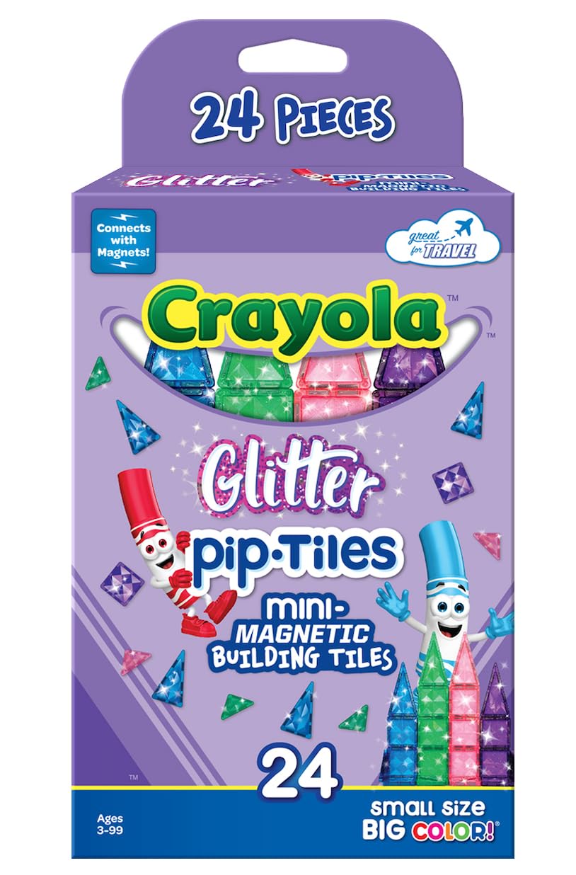 CreateOn Crayola Mini Magnetic PIP-Tiles, 24-Piece Glitter Building Set, STEM Magnetic Toys for Kids 3+, Travel-Friendly Fun