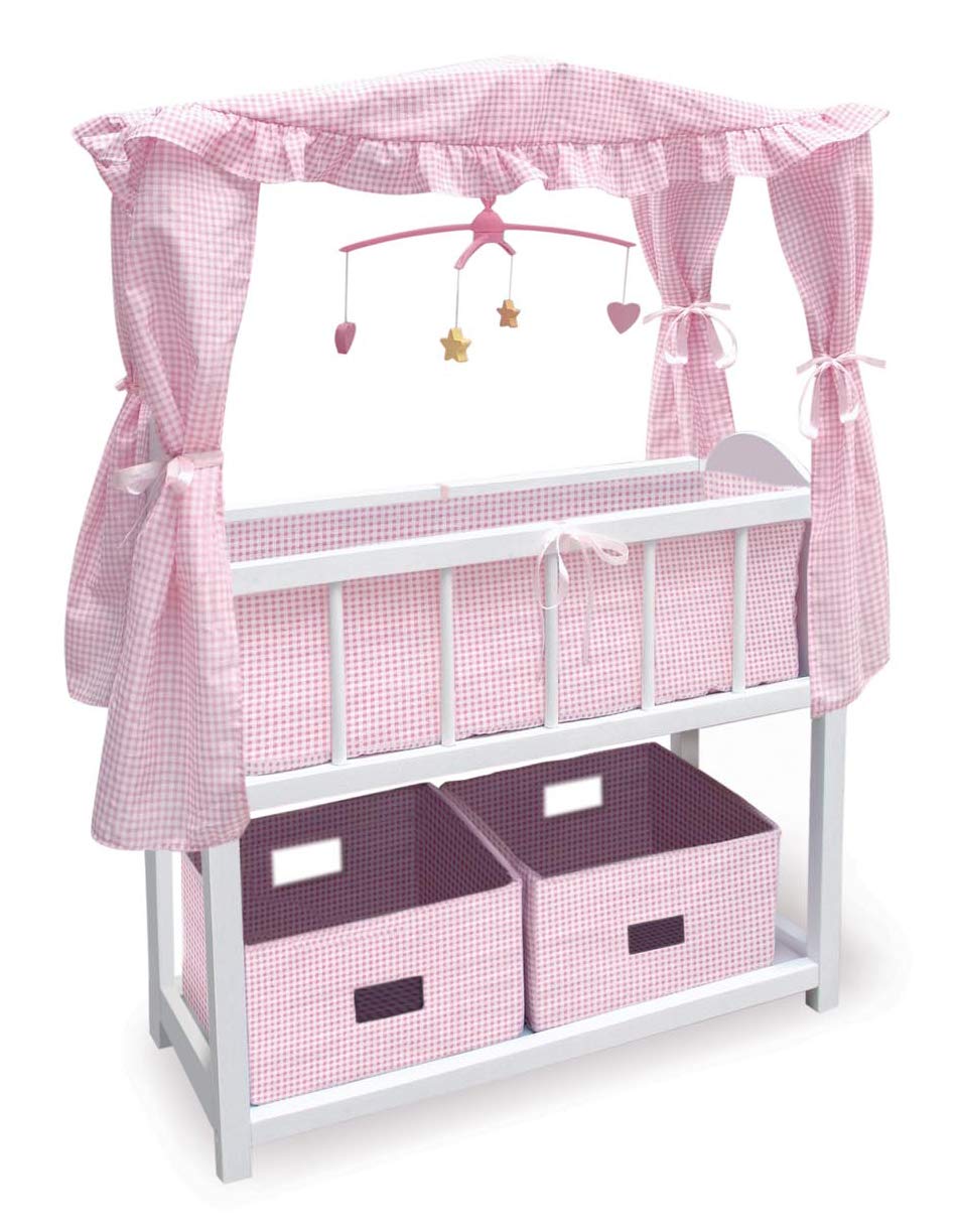 Badger Basket Doll Crib Set with Bedding, Mobile, Storage Baskets & Personalization Kit – For Dolls Up to 22" – White/Pink