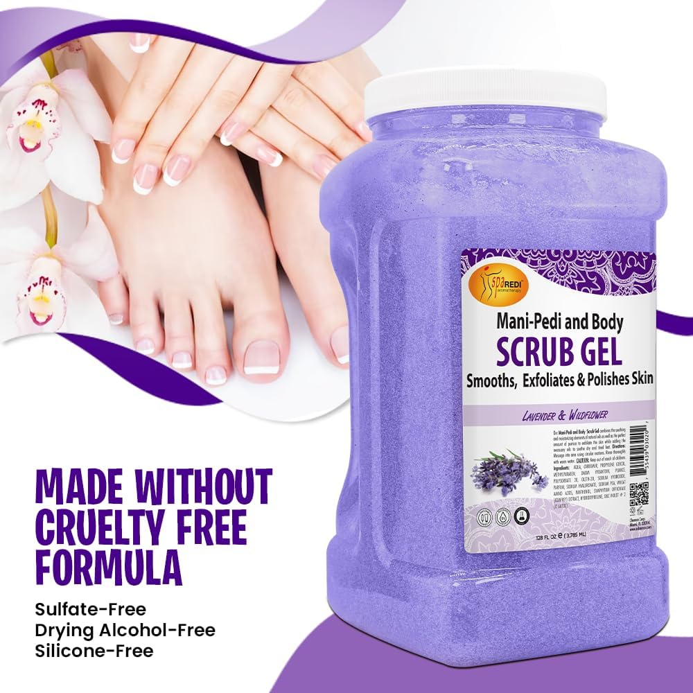 SPA REDI Exfoliating Pumice Gel Scrub, Lavender & Wildflower, 128 Oz – Manicure, Pedicure & Body Scrub with Hyaluronic Acid & Panthenol