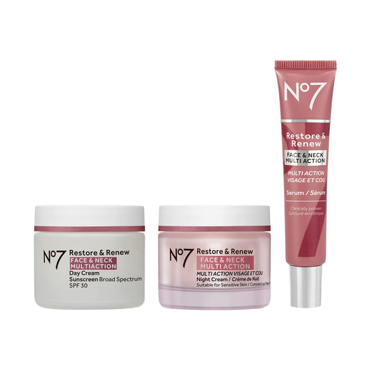 No7 Restore & Renew 3-Piece Face & Neck Skincare Kit – SPF 30 Day Cream with Vitamin C, Collagen Serum & Hydrating Night Cream