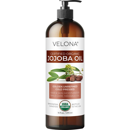 Velona Jojoba Oil 16 fl oz with Pump - 100% Pure Organic, Cold-Pressed, Hexane-Free, Unrefined Golden Oil for Face, Hair & Body Care