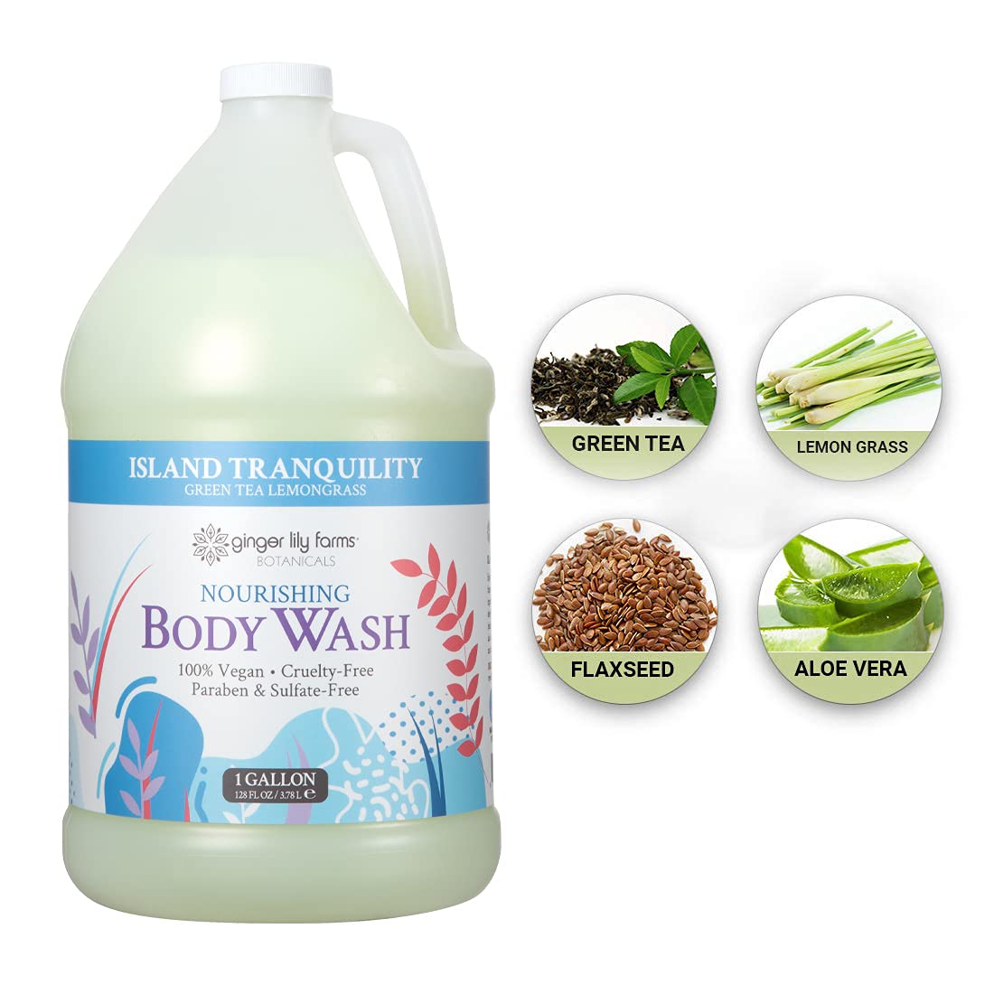 Ginger Lily Farms Botanicals Nourishing Body Wash – Island Tranquility, Vegan & Cruelty-Free, Green Tea & Lemongrass Scent, 1 Gallon Refill