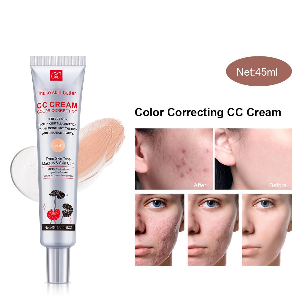 Color Correcting CC Cream SPF 25 – Lightweight Hydrating Foundation for Even Skin Tone, Radiance & Sun Protection, Light, 1PCS