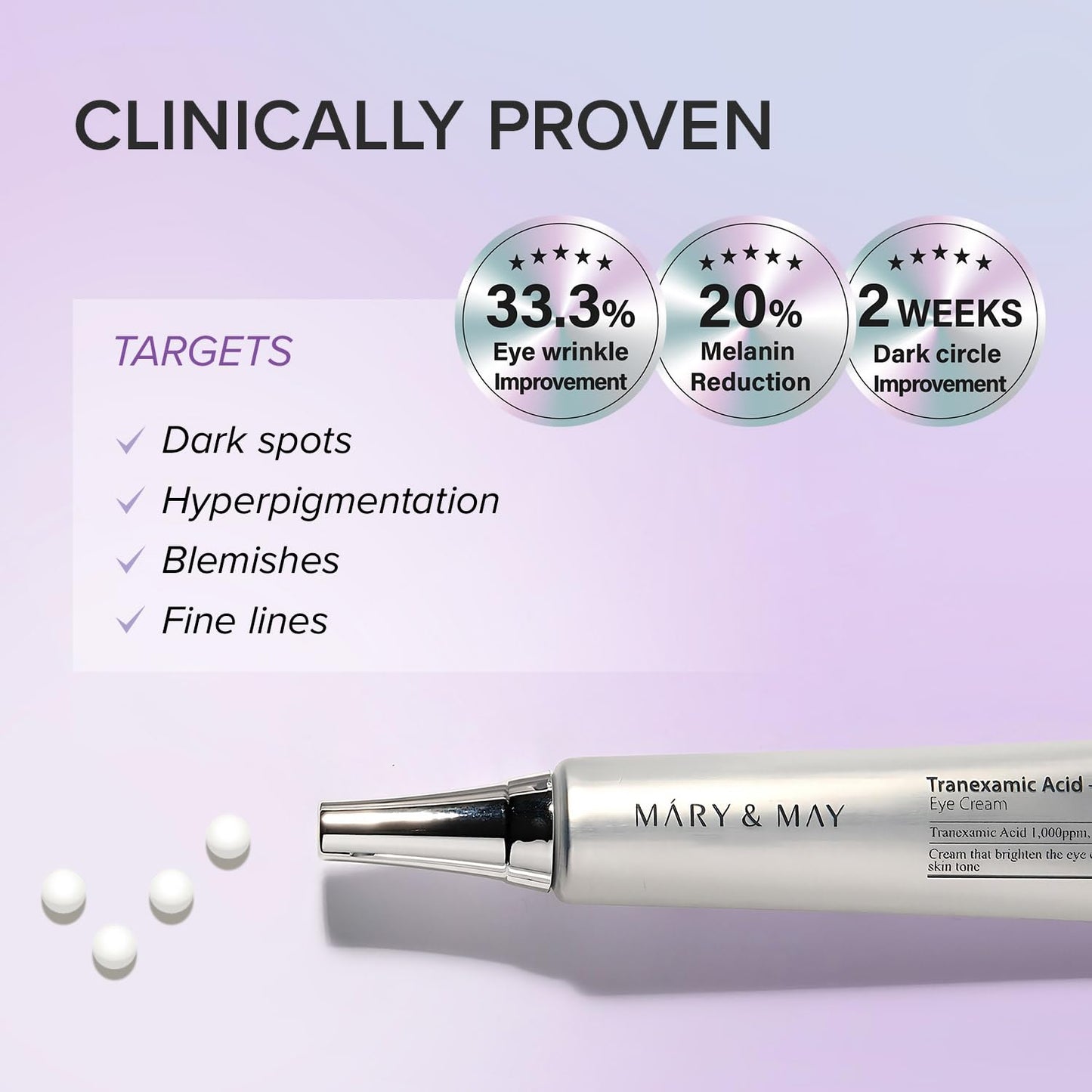 Mary&May Tranexamic Acid + Glutathione Eye Cream for Dark Circles, Hyperpigmentation, Wrinkles & Fine Lines, Niacinamide & Vitamin C, 1.01 oz