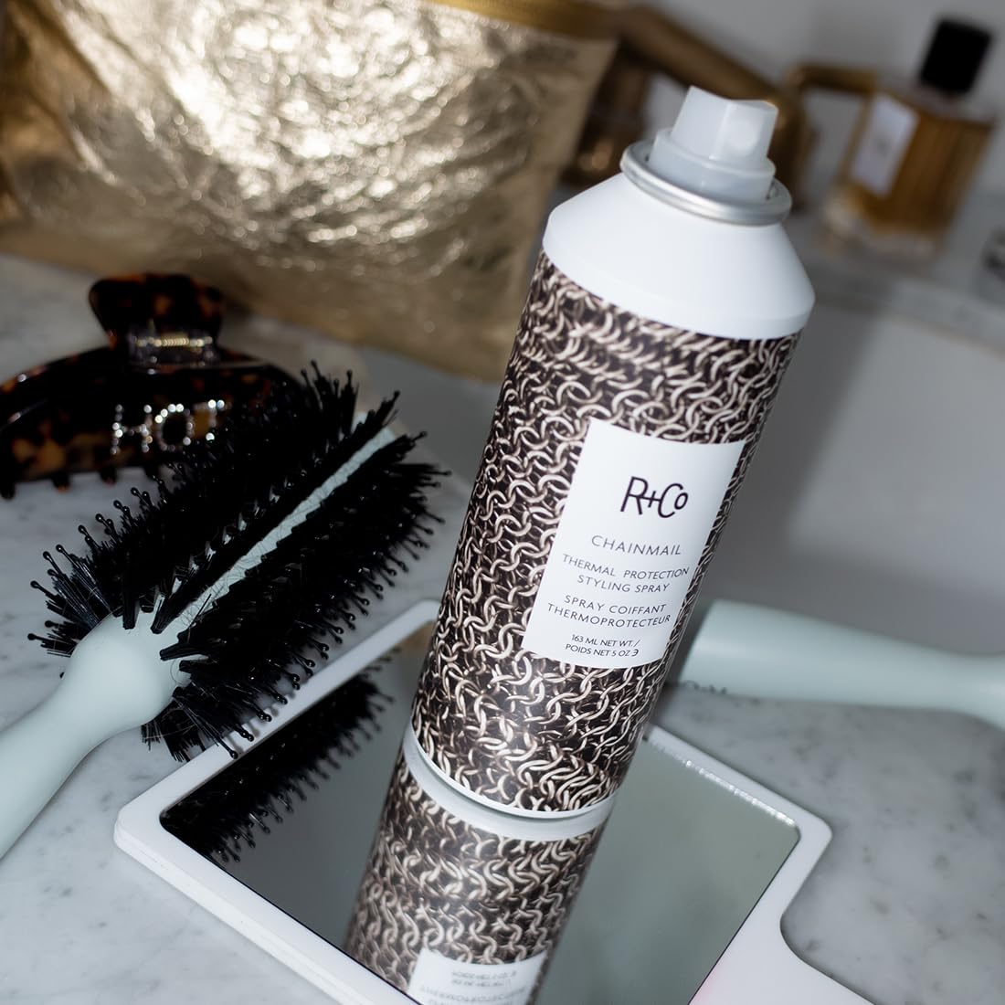 R+Co Chainmail Heat Protection Spray For Hair | Thermal Protection + Flexible Hold + Silky Shine | Vegan + Cruelty-Free | 5 Oz