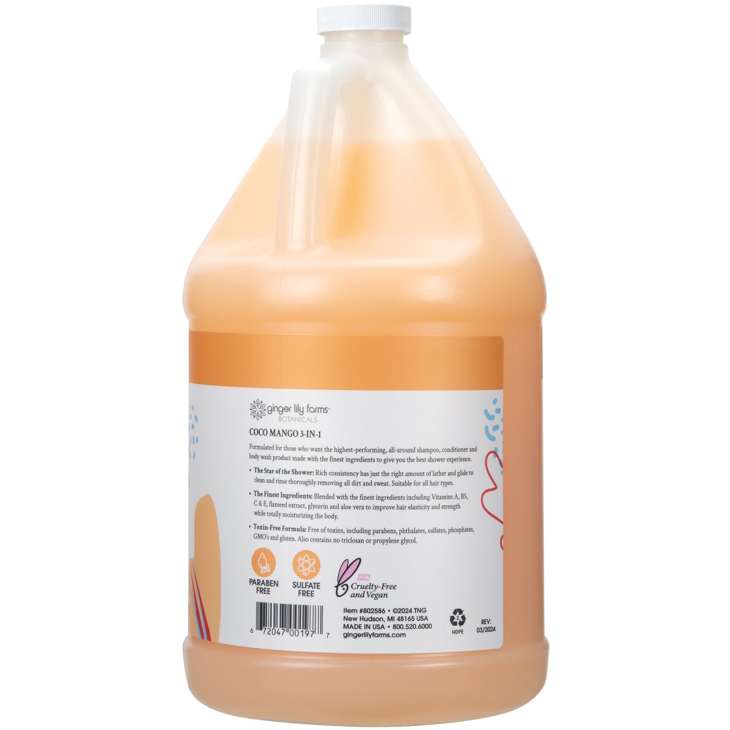 Ginger Lily Farms Botanicals 3-in-1 Shampoo, Conditioner & Body Wash Refill, Coco Mango Scent, Vegan & Cruelty-Free, 1 Gallon (128 fl oz)