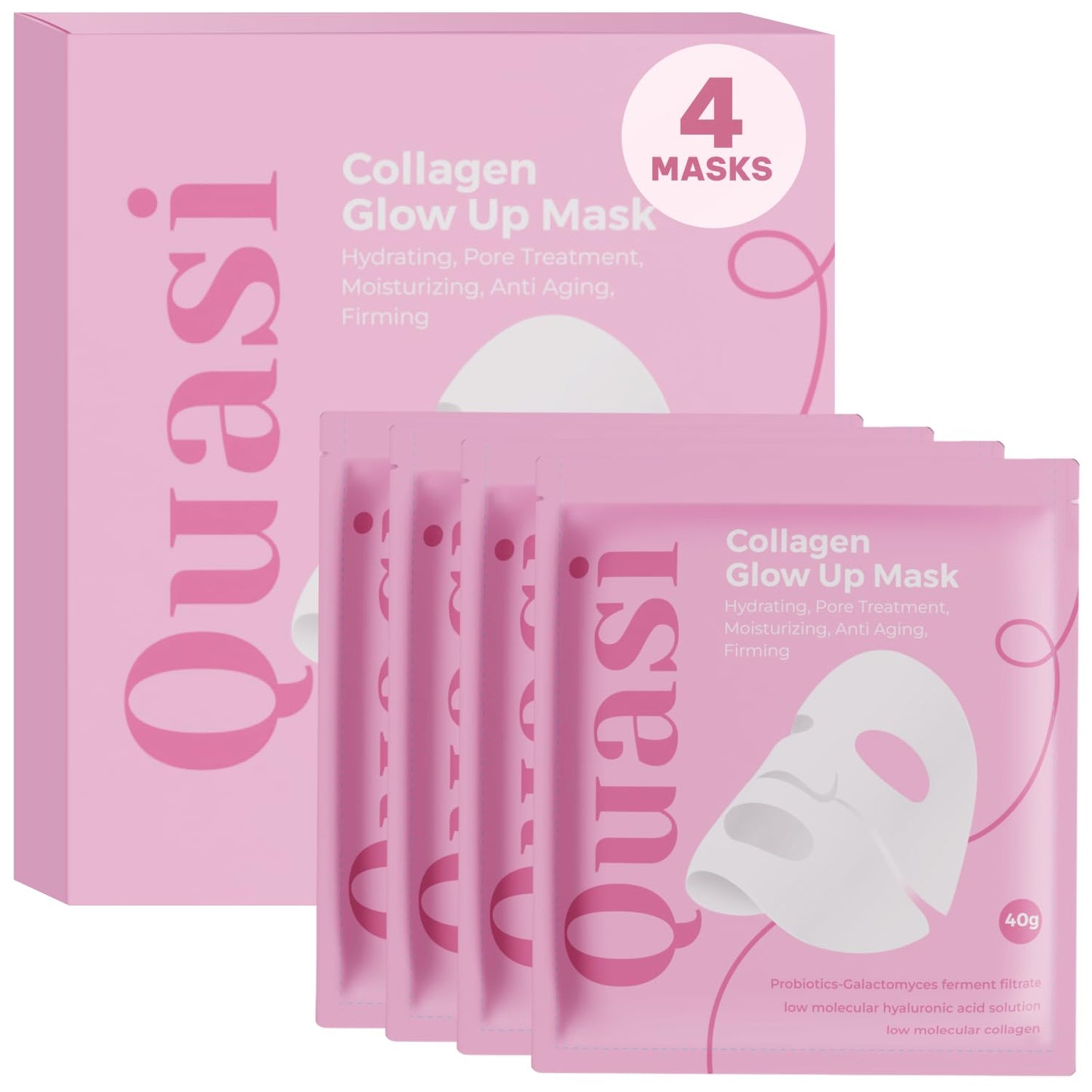 Quasi Bio-Collagen Overnight Face Mask – Hydrating Korean Sheet Mask with Niacinamide & Low Molecular Collagen – 4-Pack, All Skin Types