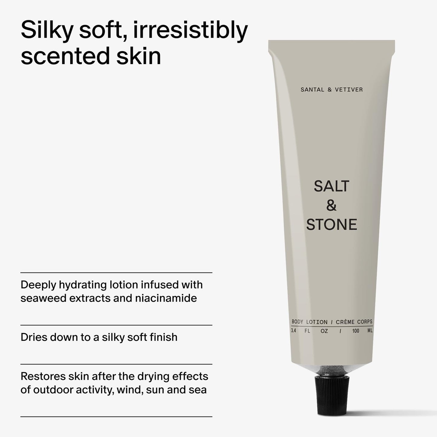 Salt & Stone Body Lotion 100ml – Hydrating, Nourishing & Fast-Absorbing for Women & Men, Restores Dry Skin, Vegan & Cruelty-Free, Santal & Vetiver