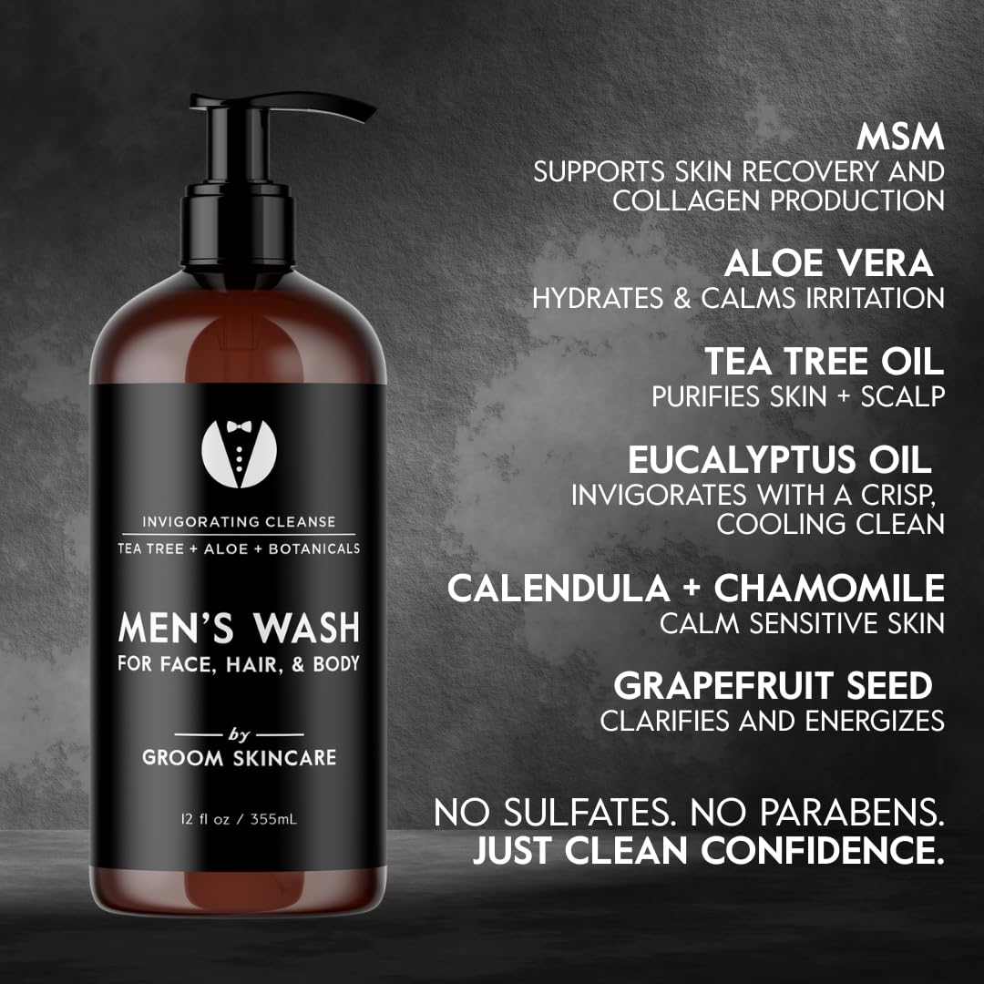 GROOM 3-in-1 Hair, Face & Body Wash for Men – Plant-Based Cleanser with Organic Aloe & Essential Oils – Gentle, Fresh Scent, 12 oz