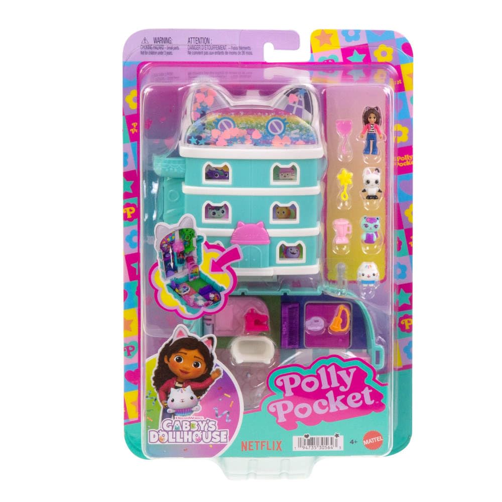 Polly Pocket x Gabby’s Dollhouse Compact, Micro Dolls and Playset, 9 Themed Accessories, Pandy Paws, Cakey, & Mercat Pet Friends