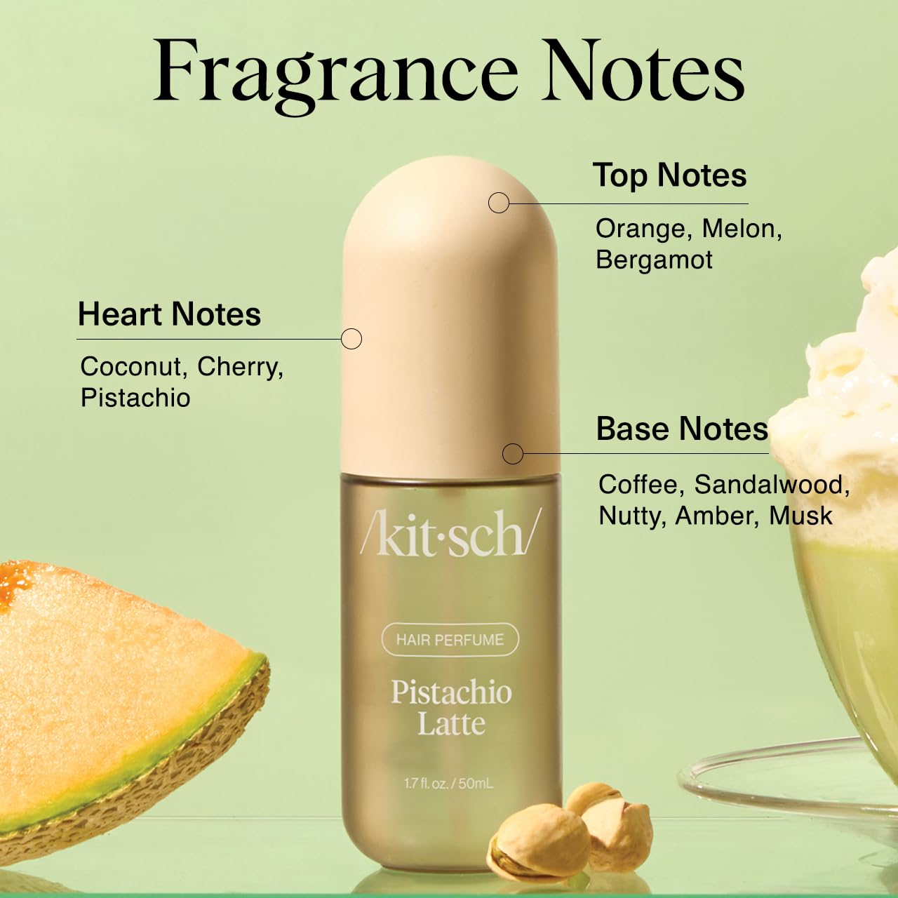 Kitsch Hair Perfume for Women – Pistachio Latte | Clean Deodorizing Hair & Body Mist with Odor-Eliminating Tech | Coconut & Coffee Scent, 50mL