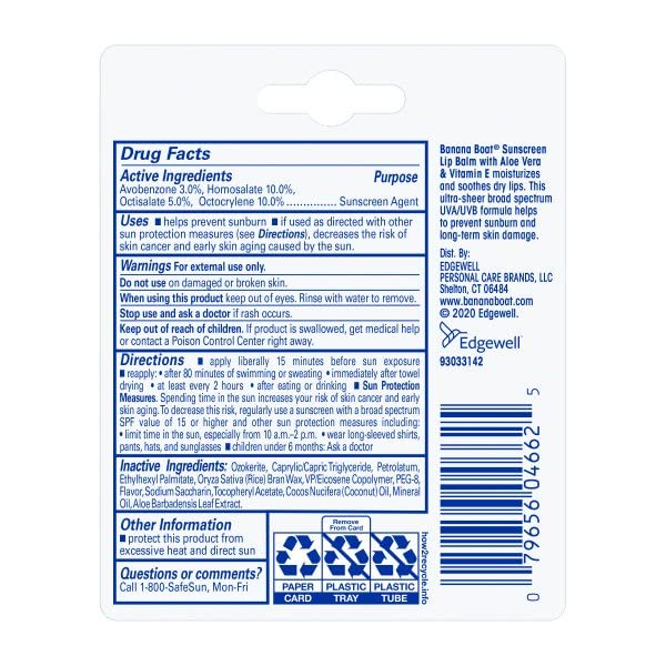 Banana Boat Aloe Vera with Vitamin E Sunscreen Lip Balm SPF 45 - .15 oz, Pack of 6