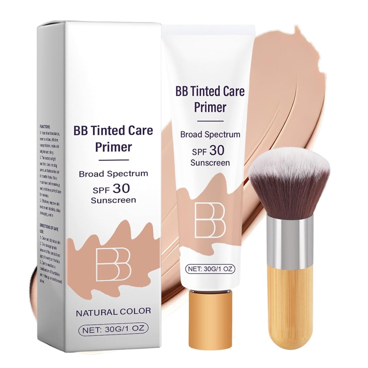 BB Tinted Moisturizer SPF 30 with Brush – Full Coverage Primer for Light/Medium Skin, Moisturizes & Smooths (Natural*1)