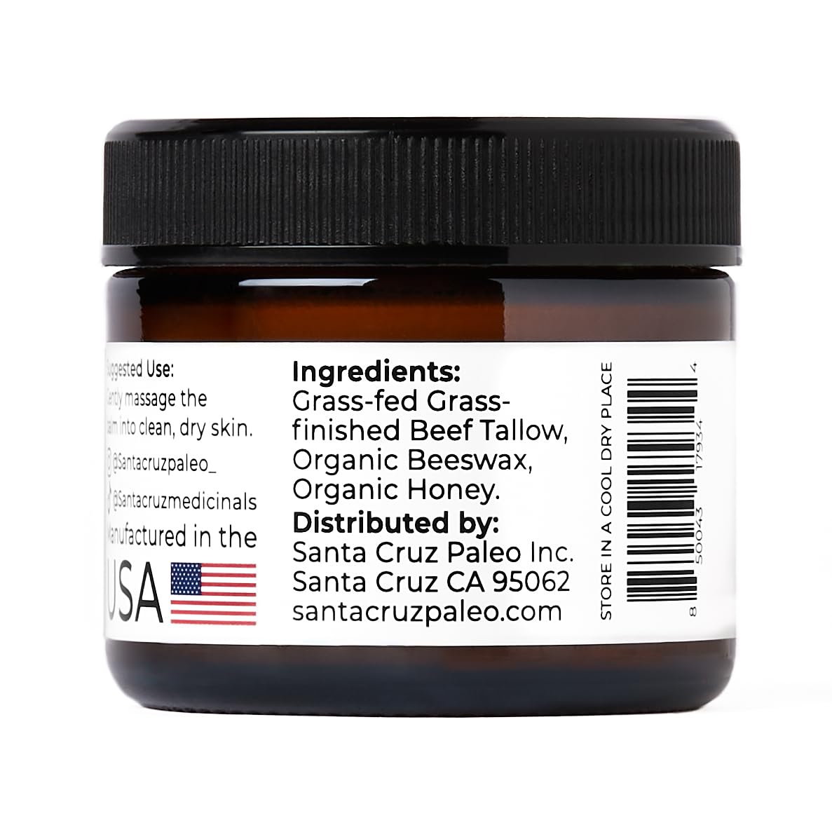Santa Cruz Paleo Beef Tallow & Honey Balm – Grass-Fed Moisturizer for Face & Body, Organic Beeswax & Honey, Light Scent, 2oz