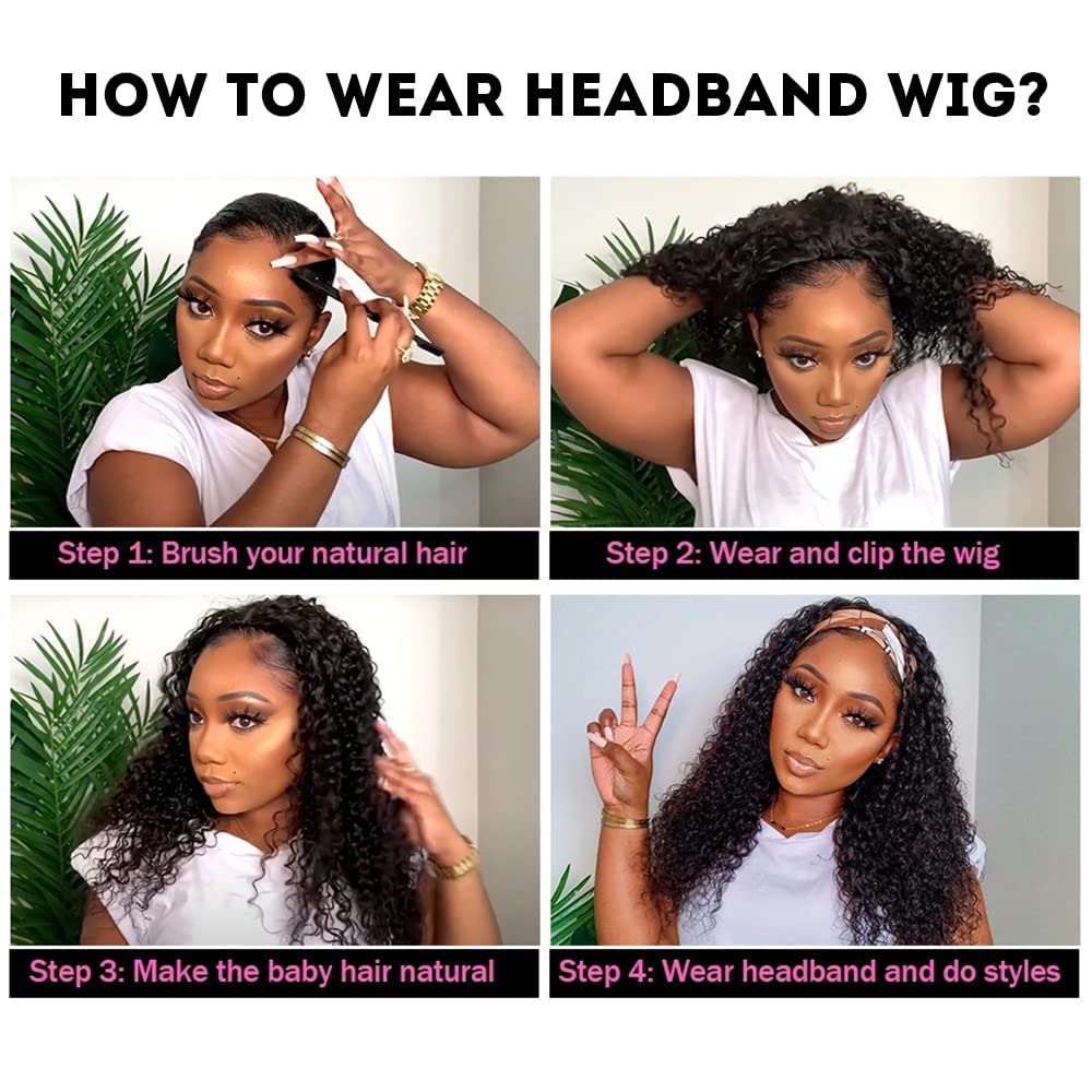 Celiarita Deep Wave Headband Wig 18 Inch – 100% Human Hair, Glueless & None Lace Front, Machine Made Curly Half Wig for Black Women, Natural Color