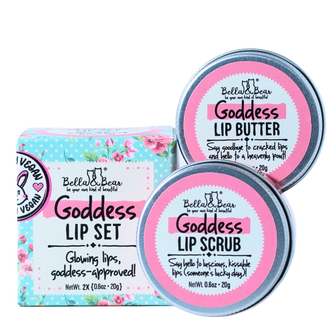Bella & Bear Goddess Lip Scrub & Lip Butter Set – Lovely Gift for Women - Teen Girls & Tweens