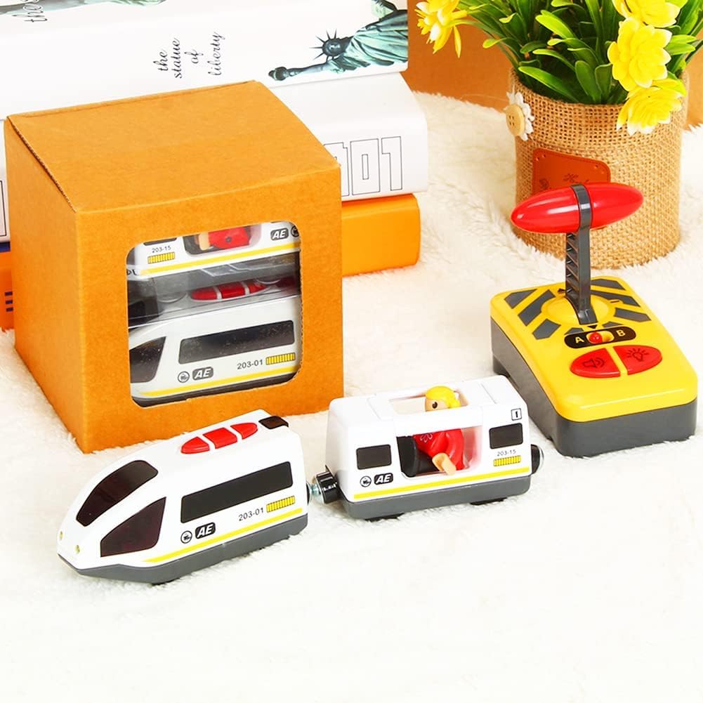 Z MAYABBO Remote Control Wooden Train Set – Battery Operated Locomotive & Cars, Fits All Major Wooden Tracks, Powerful Engine for Kids