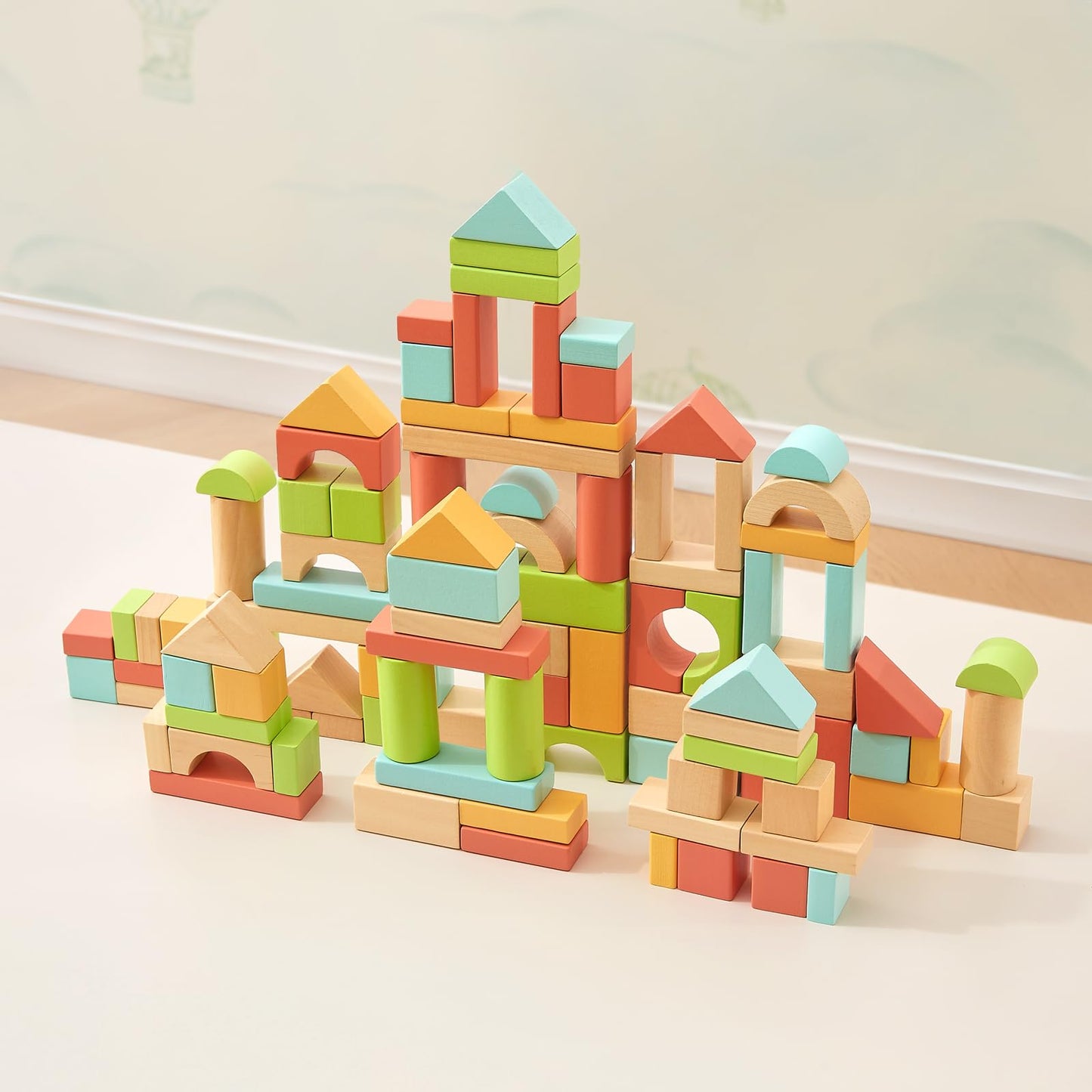 MEEYOO 100pcs Wooden Building Blocks for Toddlers 1-3, Montessori Toys with Storage Bucket, Baby Shower Gift for Boys & Girls
