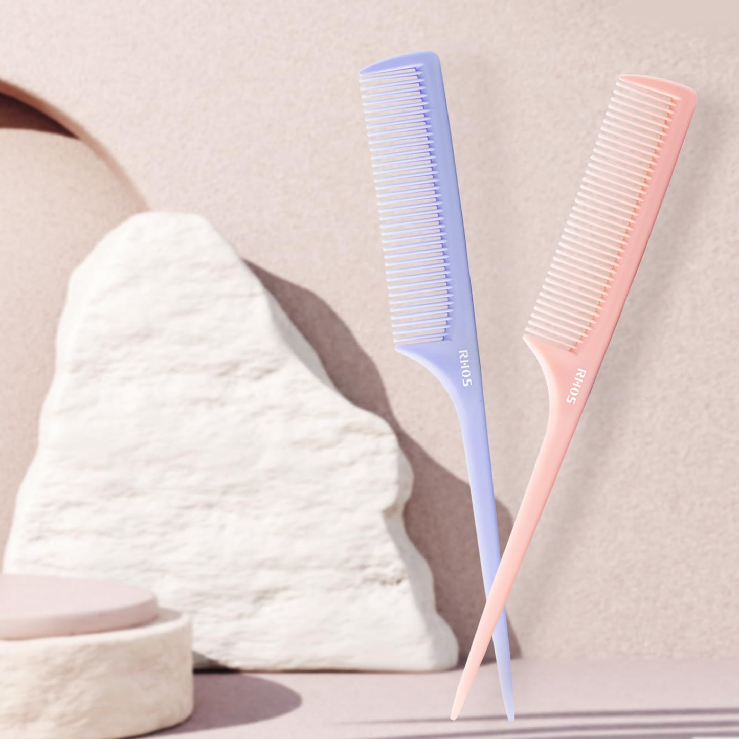 RHOS Rat Tail Comb for Parting, Fine Tooth Teasing Comb with Pick, 2 Pack Hair Styling Combs Set for Women and Men, Pink & Purple, Plastic, Unisex