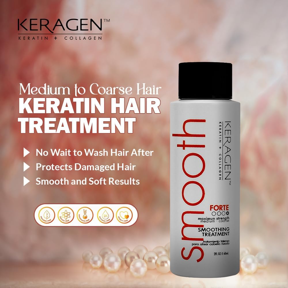 Keragen Brazilian Keratin Smoothing Treatment Forte – Blowout Straightening System for Dry, Damaged, Medium to Coarse Hair, Sulfate-Free, 2 Oz