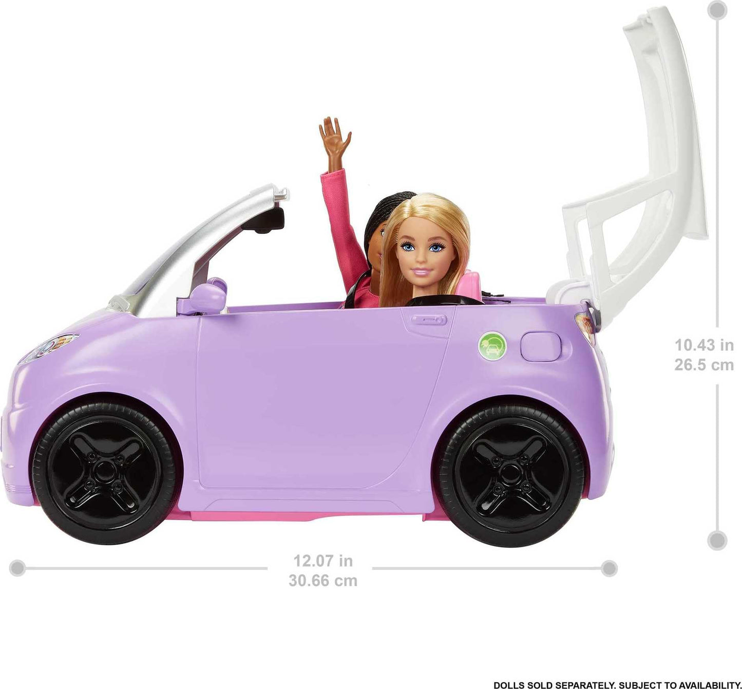 Barbie Doll Accessories, Toy Car Electric Vehicle with Charging Station, Plug & Sunroof, Purple 2-Seater Transforms into Convertible