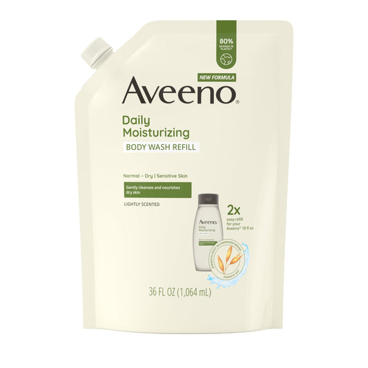 Aveeno Daily Moisturizing Body Wash for Sensitive Skin, Prebiotic Oat, Nourishing & Gentle Cleanse, Light Scent, 36 fl. oz Refill