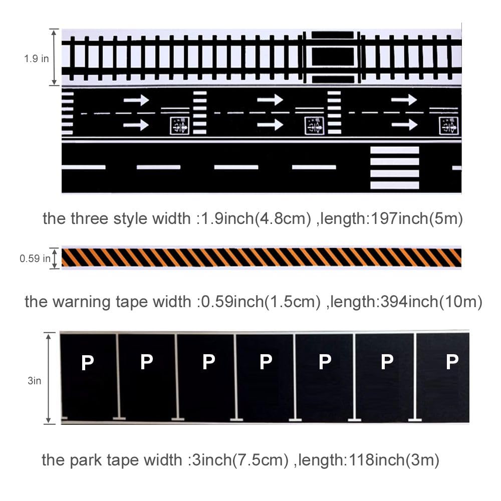Road Tape for Toy Cars & Trains, 3 Rolls 197" x 1.9" with Traffic Signs, Stick to Floors & Walls, Easy Cleanup, Kids Play Gift