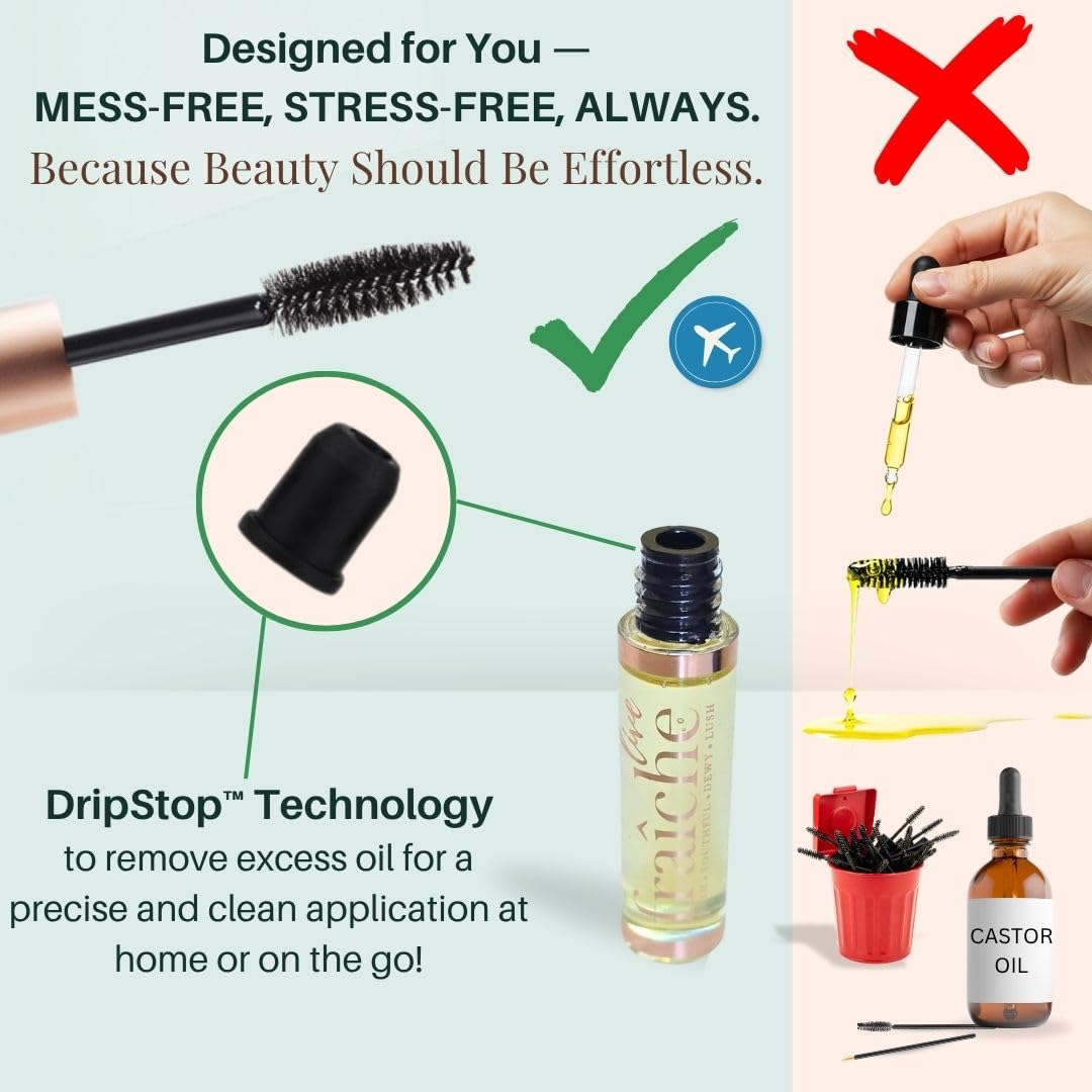 Live Fraiche Organic Castor Oil Lash & Brow Serum – 100% Pure Cold-Pressed, Hexane-Free Hair Growth Oil with Filled Mascara Tube, 2oz Bottle