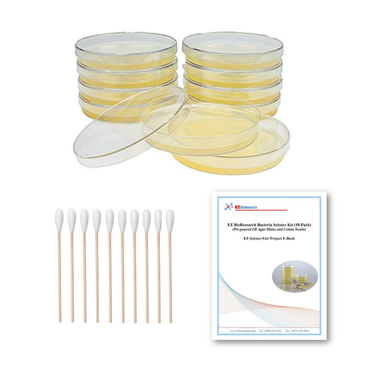 EZ BioResearch Bacteria Science Kit IV – Prepoured LB-Agar Plates & Cotton Swabs, Science Fair Project Kit with Free E-Book