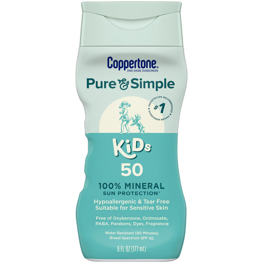 Coppertone Pure and Simple Kids Sunscreen Lotion, SPF 50 Broad Spectrum Sunscreen Lotion for Kids, 6 Fl Oz
