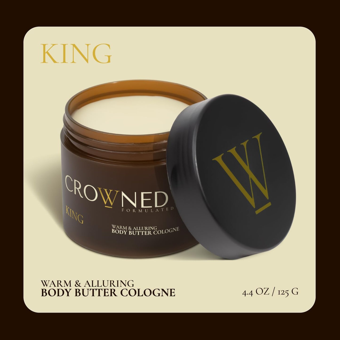 Crowned Skin King Cologne Body Butter – Warm Sandalwood & Leather Scent, Organic Shea & Mango Butters, Moisturizing, 4.4oz