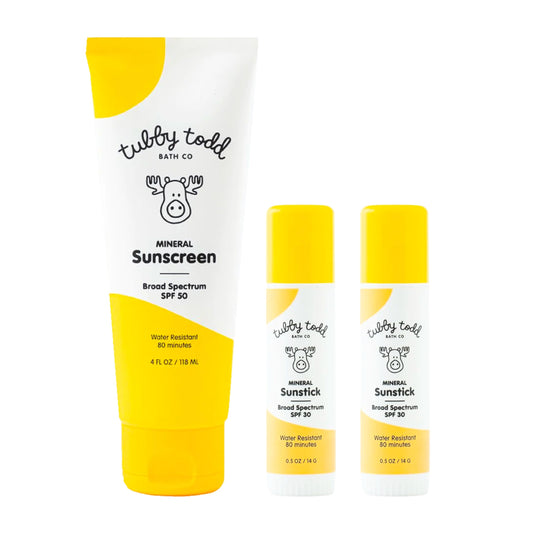 Tubby Todd Face and Body Mineral Sunscreen Kit for Baby, Toddler and Kids - Sunscreen 4 Fl Oz and Sunstick 0.5 Oz Duo Bundle - Fragrance-Free