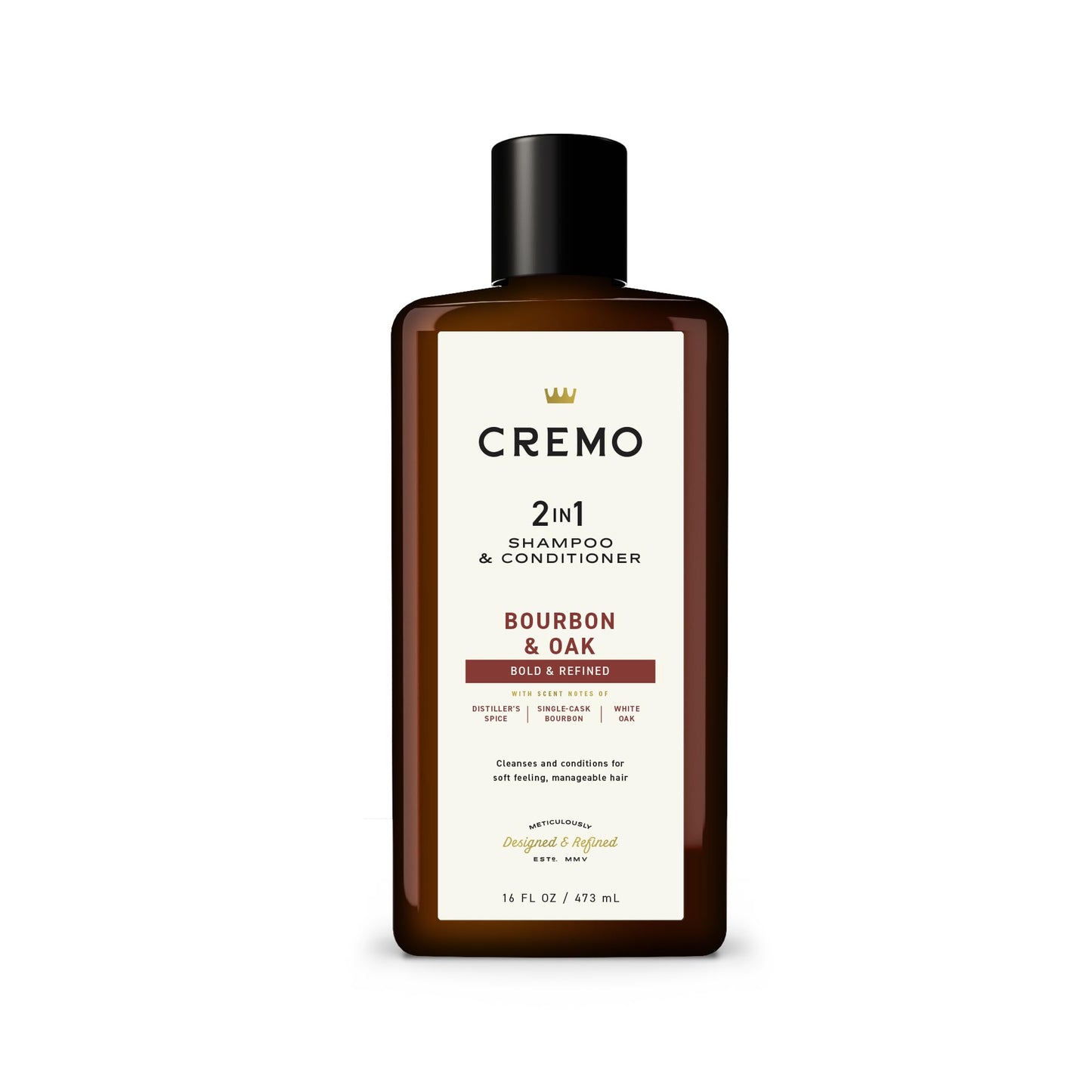 Cremo Bourbon & Oak 2-in-1 Shampoo & Conditioner, Barber Grade Quality That Moisturizes and Cleanses All Hair Types, 16 Fluid Ounce