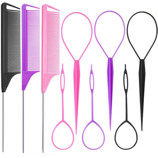 Luumxai 9pcs Topsy Hair Tail Tool & Rat Tail Comb Set with 6pcs French Braiding Rings & 3pcs Metal Parting Combs for Women & Girls (Pink, Purple, Black)