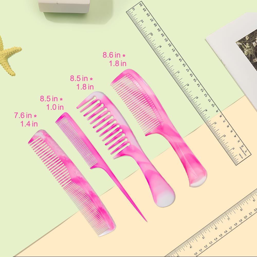 FHALLYNN Pink Hair Comb Set - Wide Tooth, Fine Tooth, Rat Tail, and Dual Comb for Women and Men