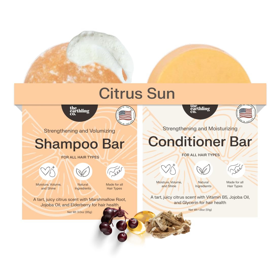 The Earthling Co. Shampoo & Conditioner Bar Set – Strengthen, Volumize & Promote Hair Growth – Natural, Sulfate & Paraben-Free for Dry Hair (Citrus Sun)