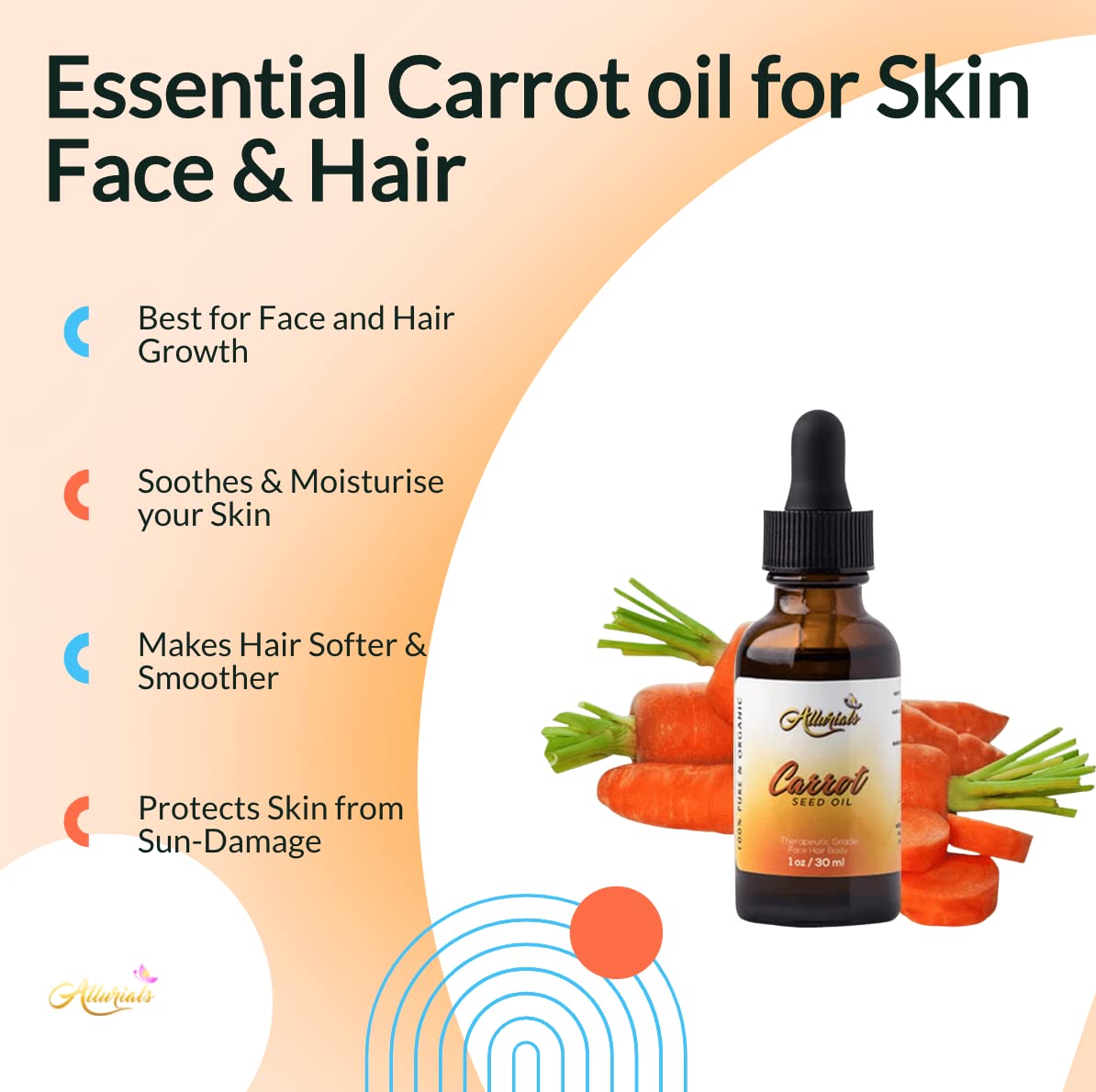 Allurials Carrot Seed Oil – 100% Pure Organic, Cold-Pressed, Unrefined, Natural Carrot Moisturizer for Skin, Face & Hair Growth, 1 oz