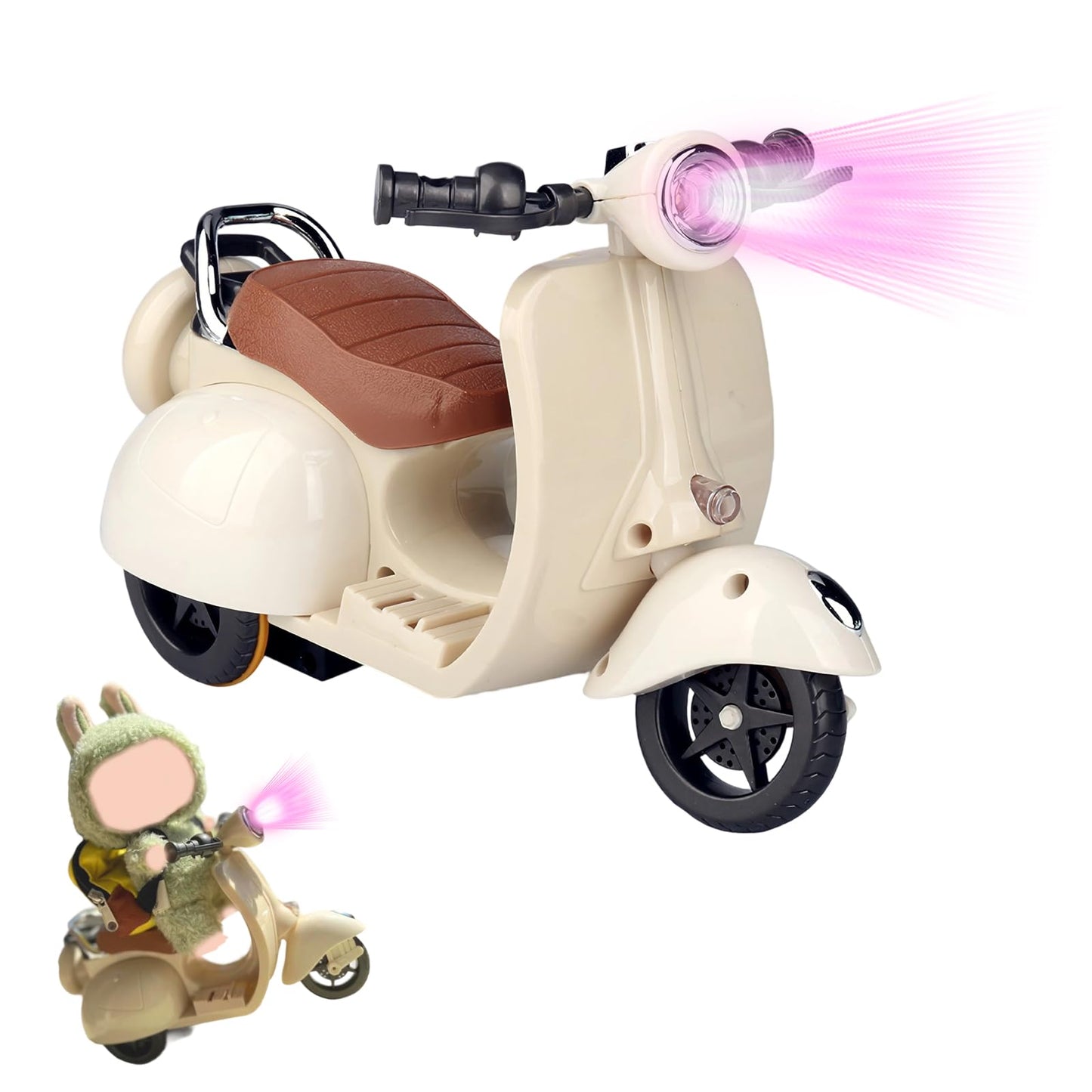 Light-Up Musical Doll Scooter with 360° Rotating Seat – Cute White Motorcycle Accessory for Doll Collectors, Batteries Not Included