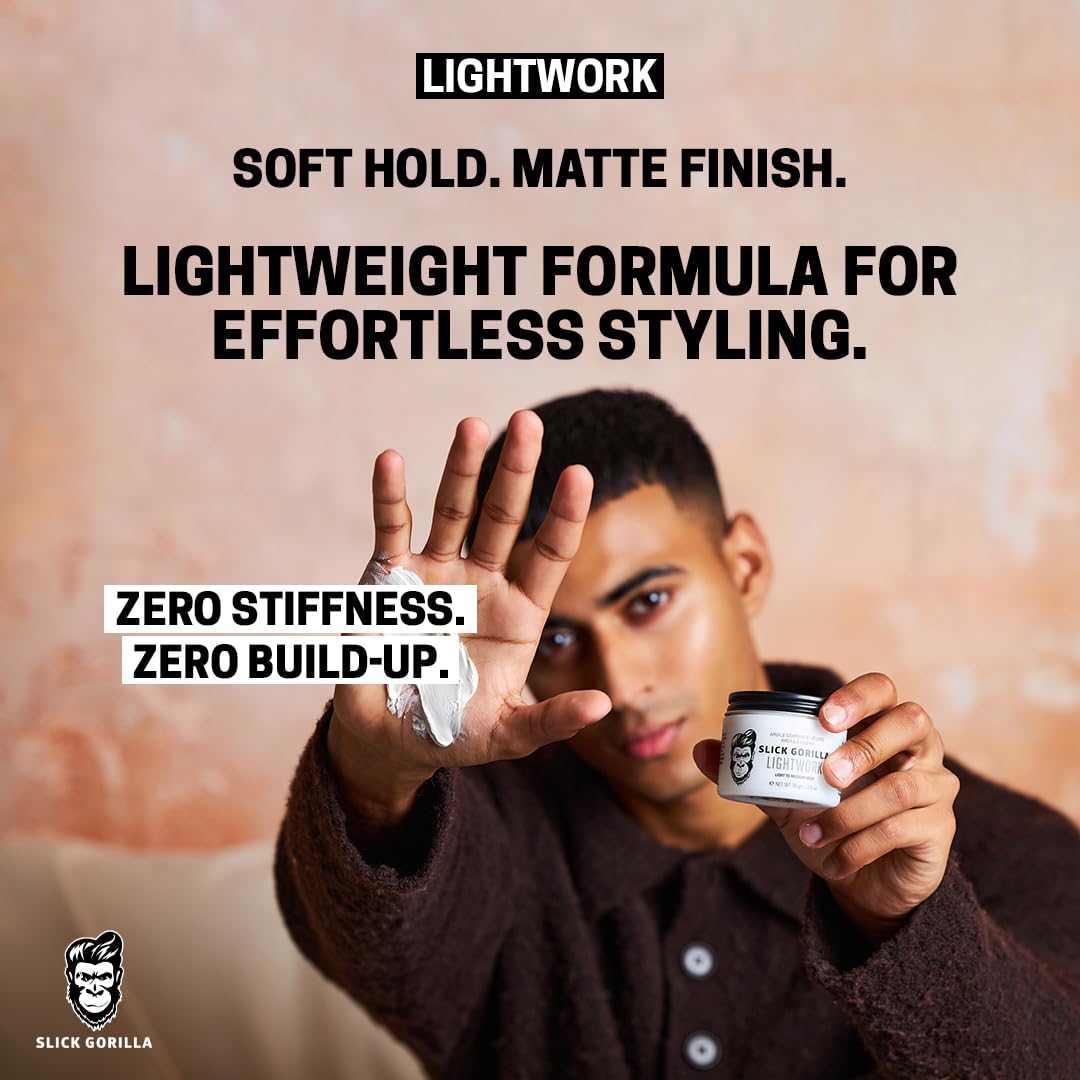 Slick Gorilla Lightwork Matte Hair Clay for Men 2.5 oz | Lightweight Water-Based Styling Clay | Flexible Hold, Natural Texture & Non-Greasy Matte Finish