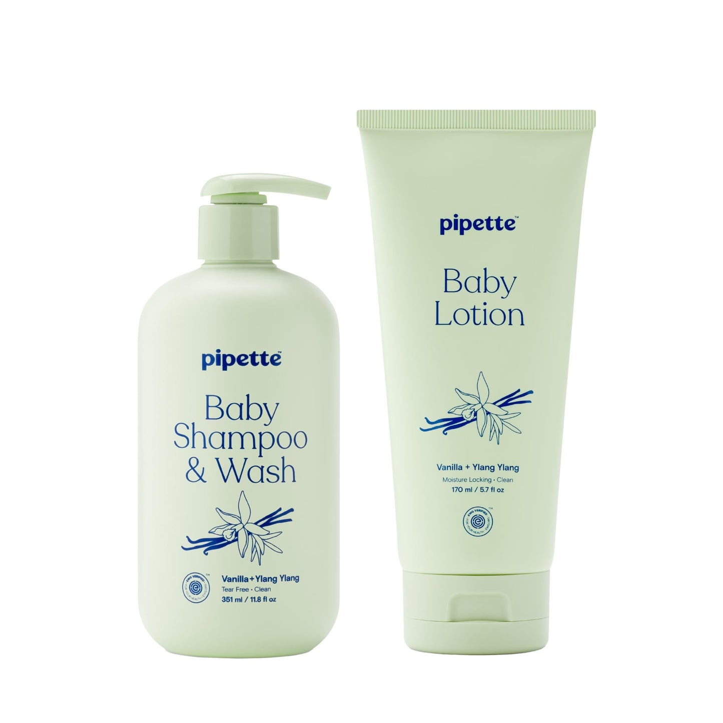 Pipette Vanilla + Ylang Ylang Baby Shampoo & Lotion Duo | Tear-Free, Hypoallergenic, Sulfate & Paraben-Free, Safe for Sensitive Skin (2 Pack)