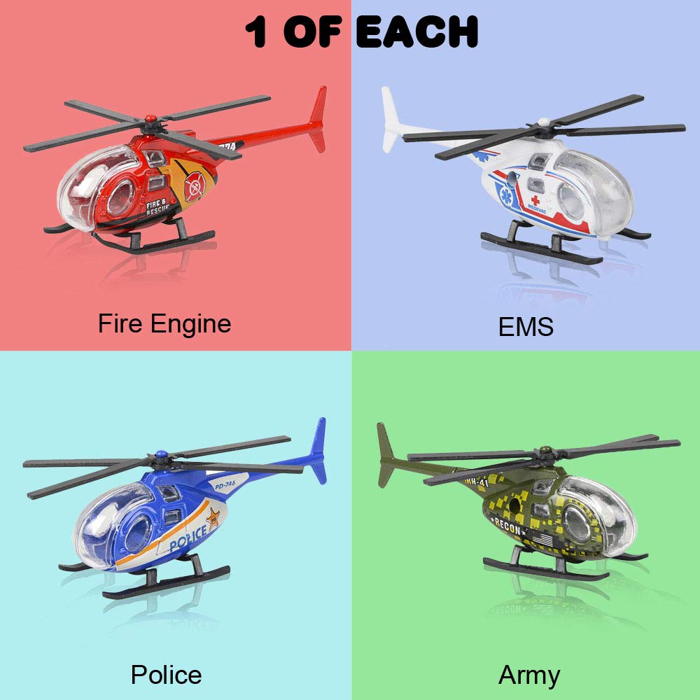 ArtCreativity Diecast Helicopter Toy - Pack of 4 - Police, Fire Engine, EMS, and Military Diecast Toy Choppers with Spinning Propellers, Birthday Party Favors for Boys and Girls