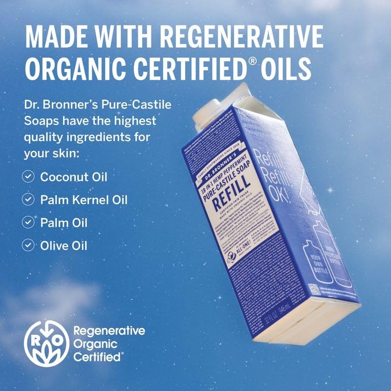 Dr. Bronner's Pure-Castile Liquid Soap Refill, Peppermint 32oz – Organic Oils, 18-in-1 Uses, Eco-Friendly 86% Less Plastic, Face & Body Wash
