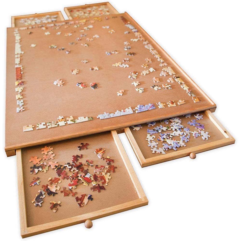 Bits and Pieces Puzzle Board with Drawers – 1000 Piece Jigsaw Puzzle Table Organizer Premium Wooden Puzzle Board for Adults 22.25"x 30" Smooth Non-Slip Surface Portable Puzzle Table with Sorting Trays