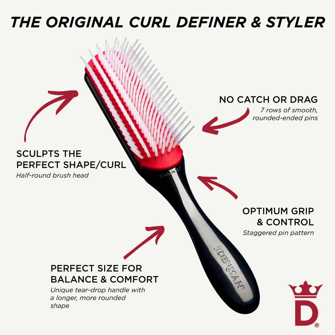 Denman Curly Hair Brush D3 (Black & Red) 7 Row Styling Brush for Detangling, Separating, Shaping and Defining Curls - For Women and Men