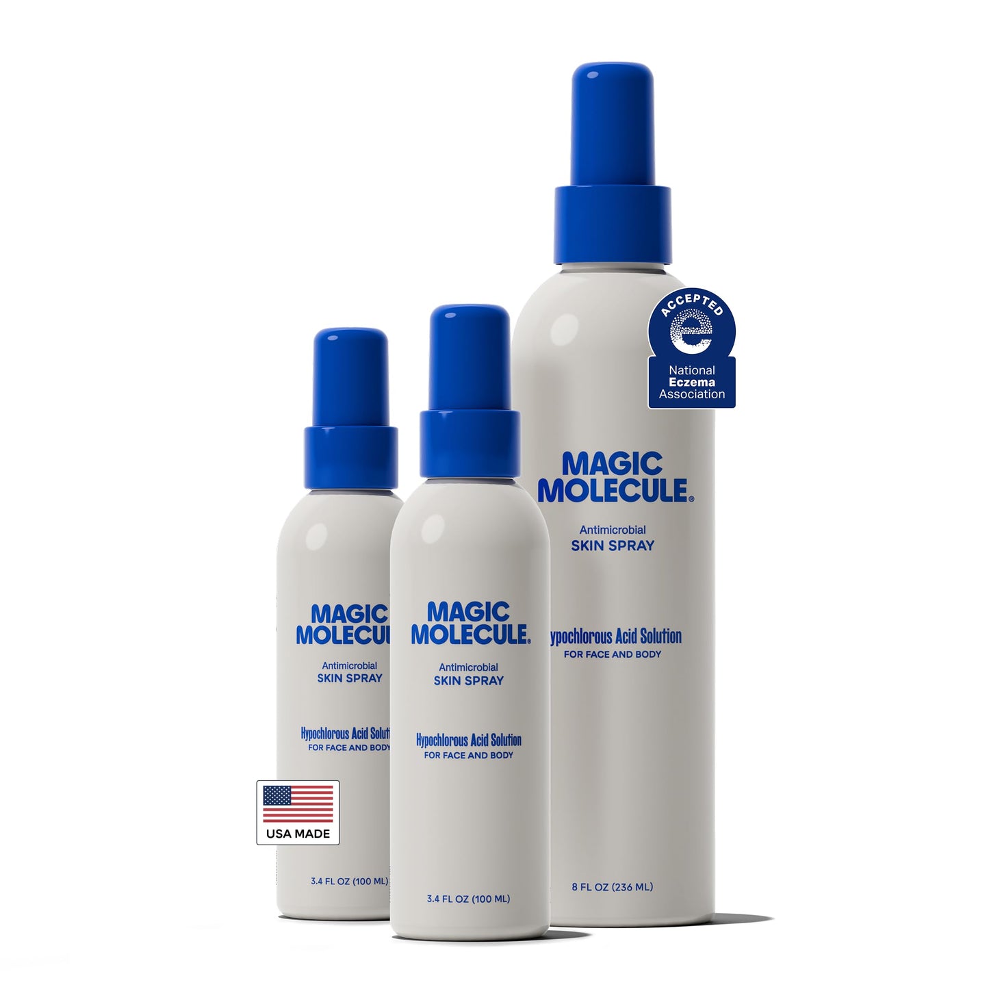 Magic Molecule Hypochlorous Acid Facial Mist – Soothes Redness & Irritation, Cleanses & Purifies – Home & Travel Bundle (8oz + 2x3.4oz)